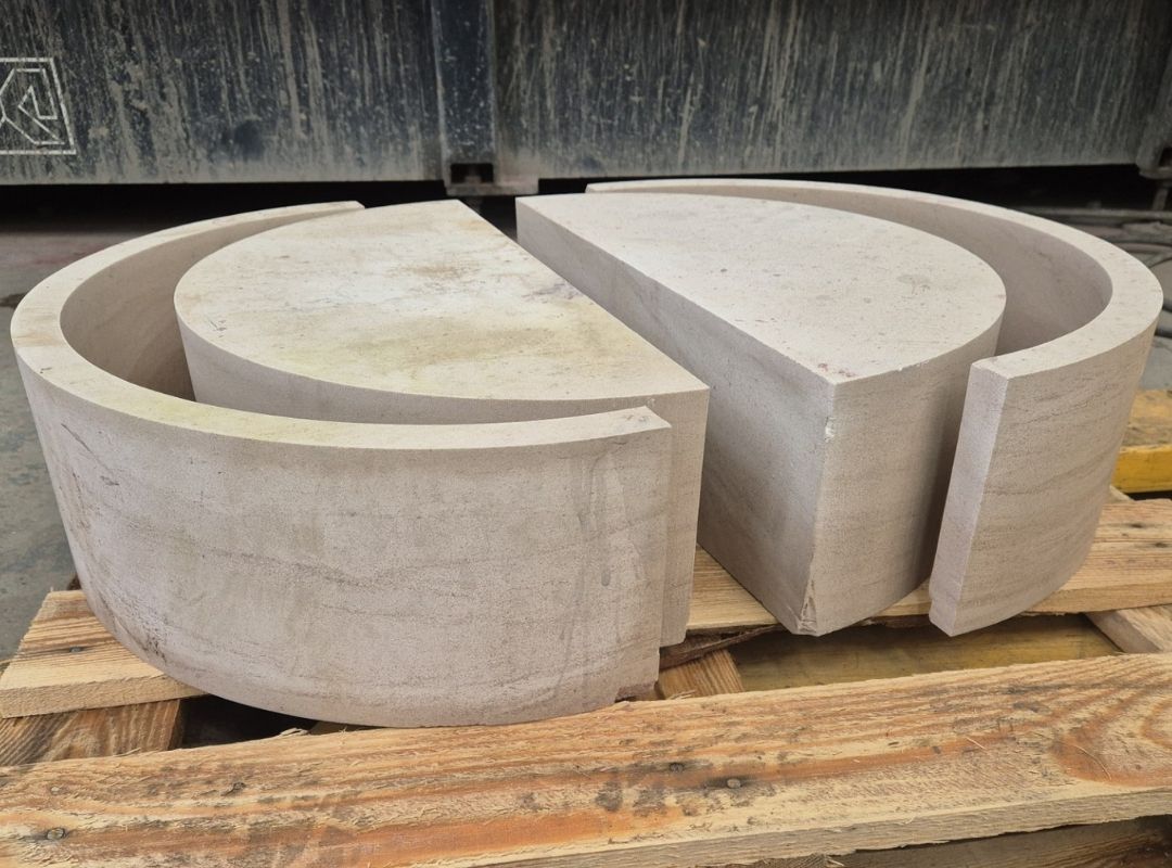 Side view of stone cut by waterjet